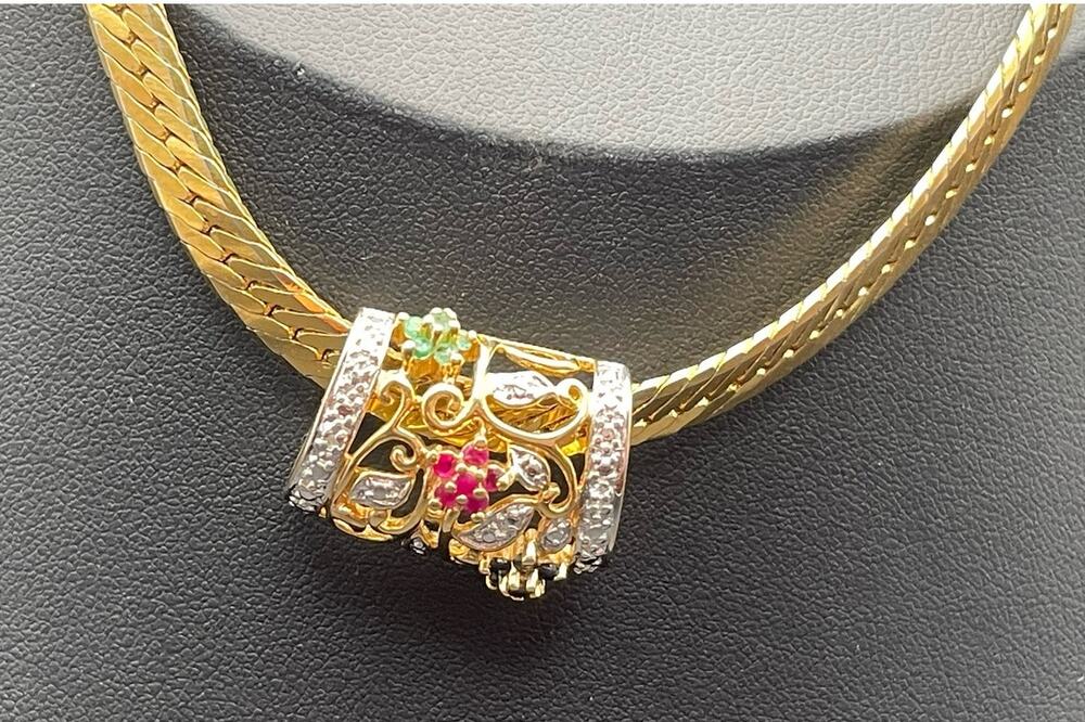 925 Vermeil Gemstone Slide Pendant w 18" Gold Tone Herringbone Chain Necklace